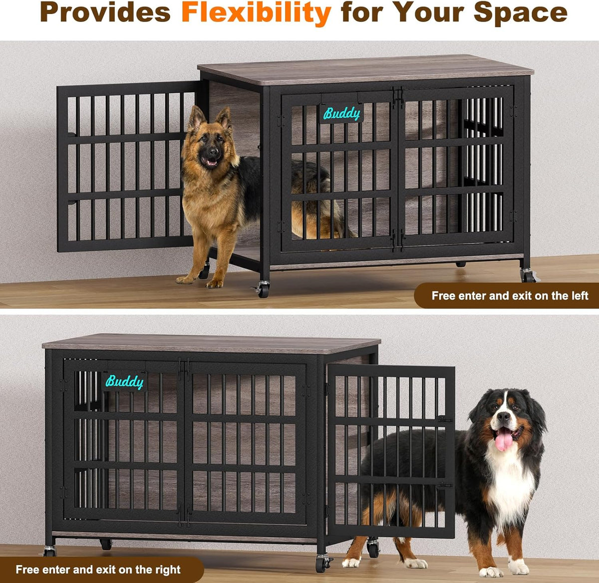 EasyCom 48"/42"/33" XXL Dog Crate Furniture with Casters, Heavy Duty Dog Kennel Indoor for Large