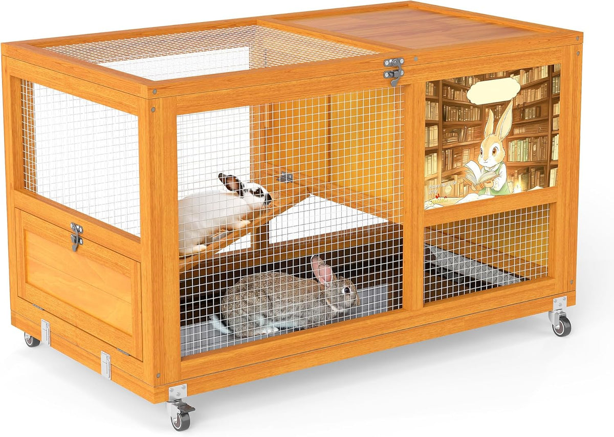 COZIWOW Wooden 36Inches Rabbit Hutch Indoor with Wheels Bunny Cage Outdoor Rabbit Cage with Clean