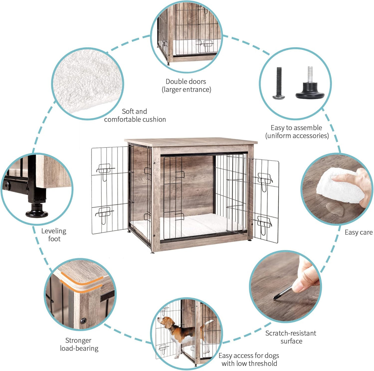 DWANTON Dog Crate Furniture with Cushion, Wooden Kennel Table with Double Doors, Indoor Dog House