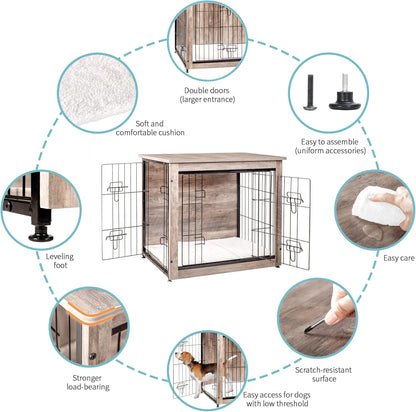 DWANTON Dog Crate Furniture with Cushion, Wooden Kennel Table with Double Doors, Indoor Dog House