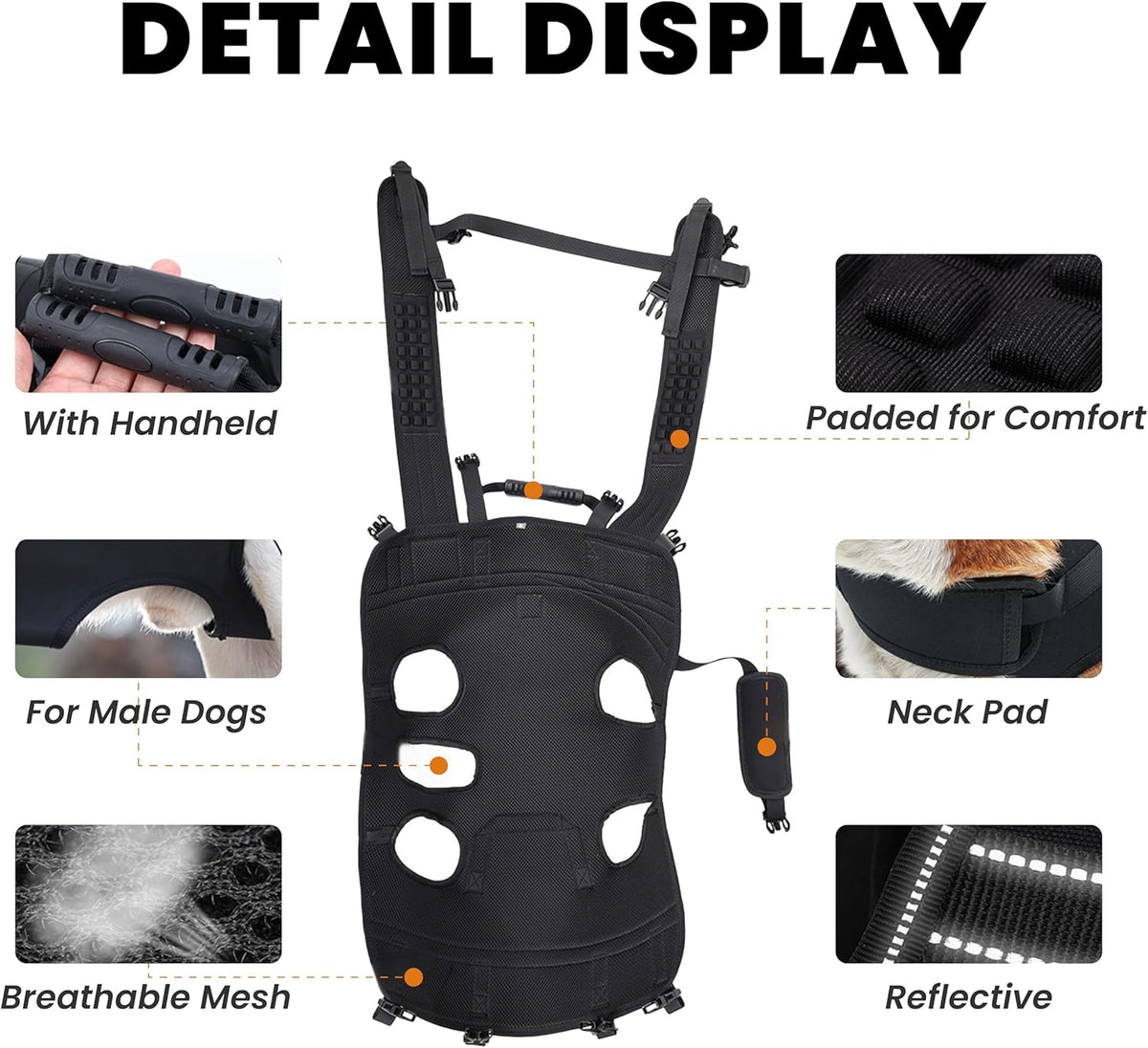 Dog Lift Harness Backpack Carrier for Large Dogs, Full Body Sling with Handle, Dog Harness for