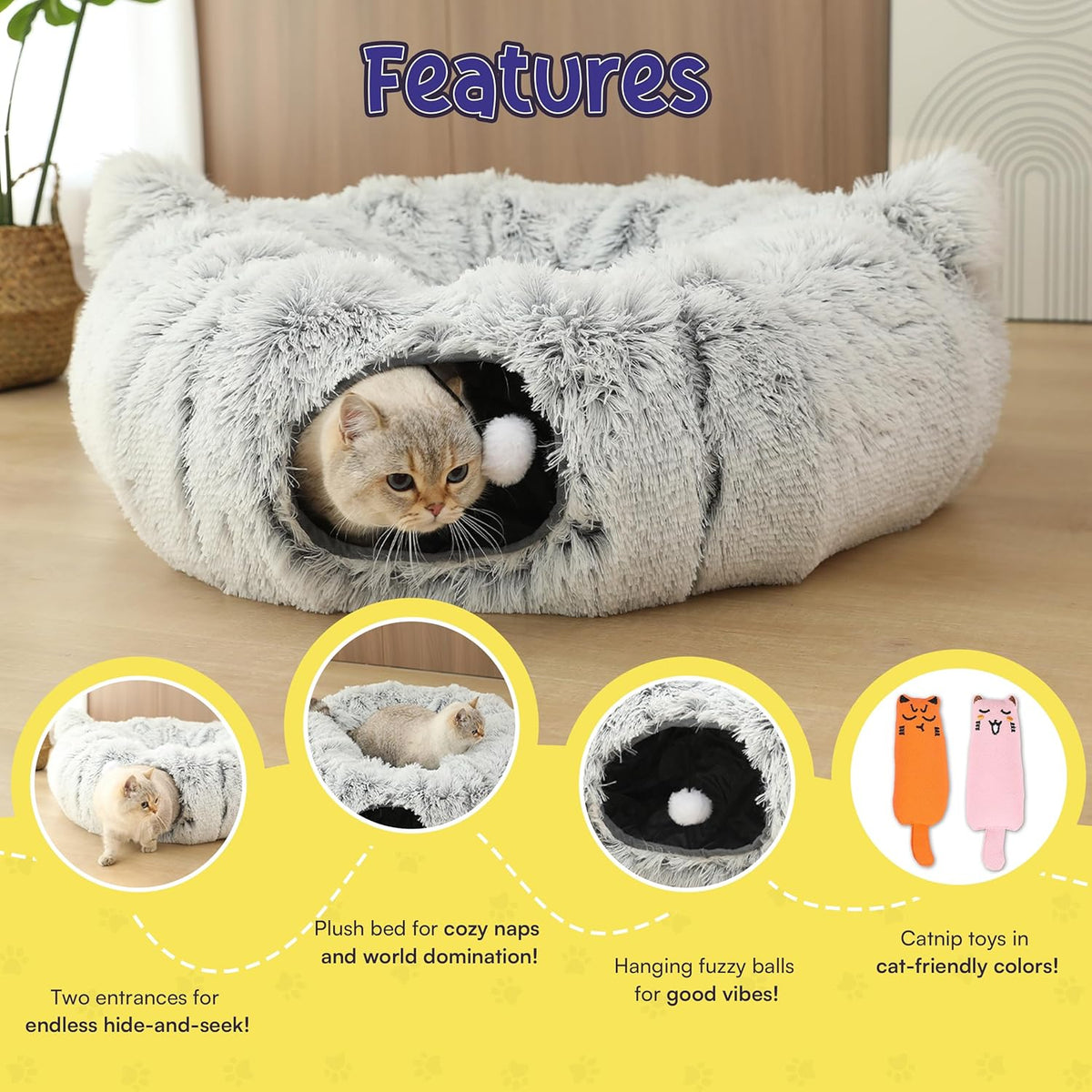Cat Tunnel Bed Cave with Catnip Toys - Peekaboo Cat Hideaway & Cat Donut Tunnel - 3-in-1 Cat