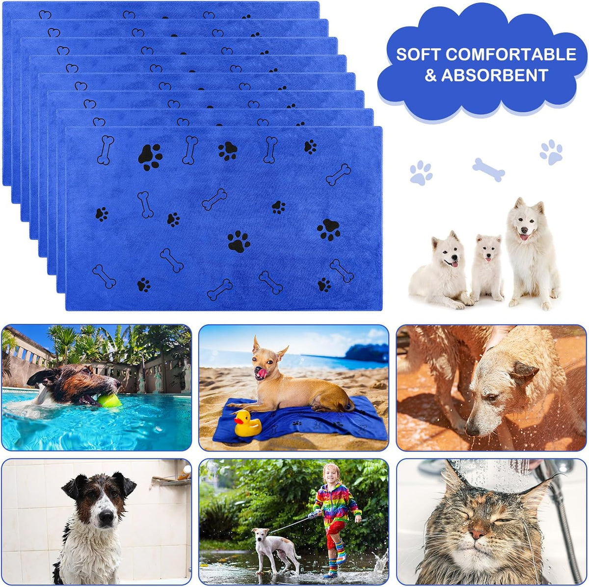Chumia 8 Pcs Dog Towels for Drying Dogs Cats Pet Towels Bulk Puppy Microfiber Quick Drying Paw Bath