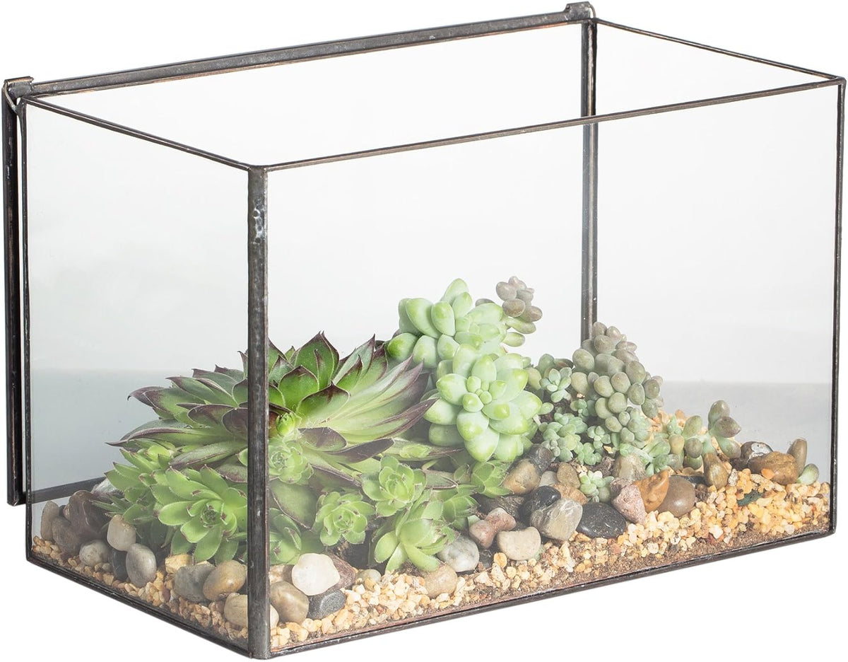 NCYP Small Rectangle Glass Terrarium Planter with Lid, 6.7 x 4 x 4.8 Inches Clear Black Geometric