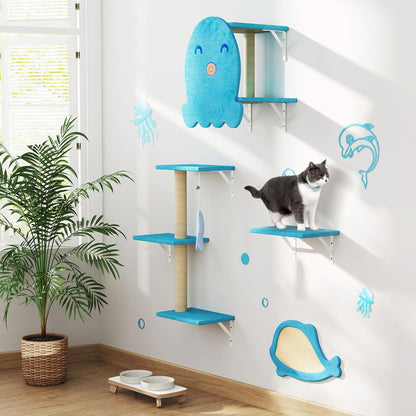 COZIWOW 4-Piece Wall-Mounted Cat Tree Set – Sturdy Wood Pet House, Scratching Board, Platforms