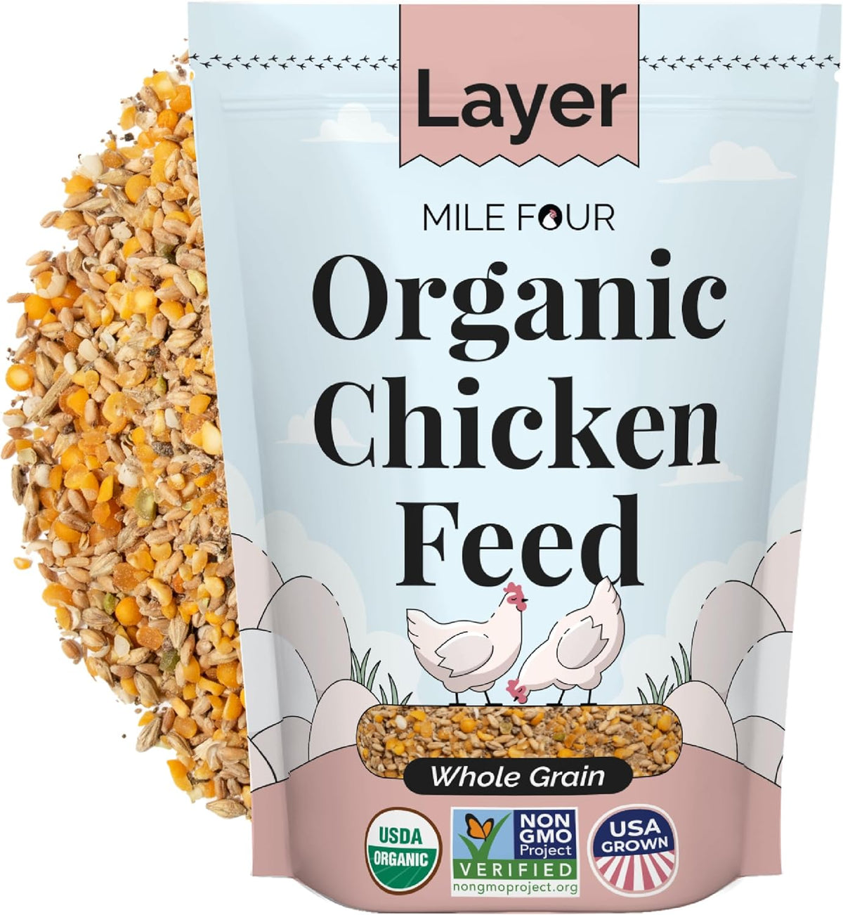 Organic Chicken Feed – Layer Whole Grain, Non-GMO, USA Grown, 16% Protein, Corn-Free, Soy-Free