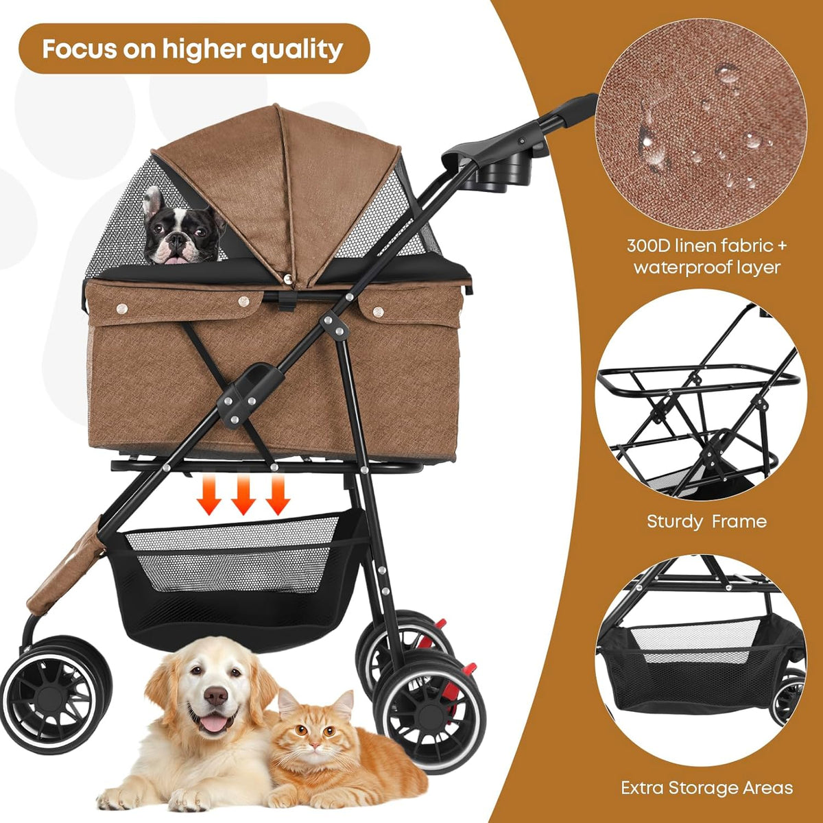 Pet Stroller,Dog Stroller for Small Medium Dogs Cats,3 Wheels,Foldable,with Breathable Mesh
