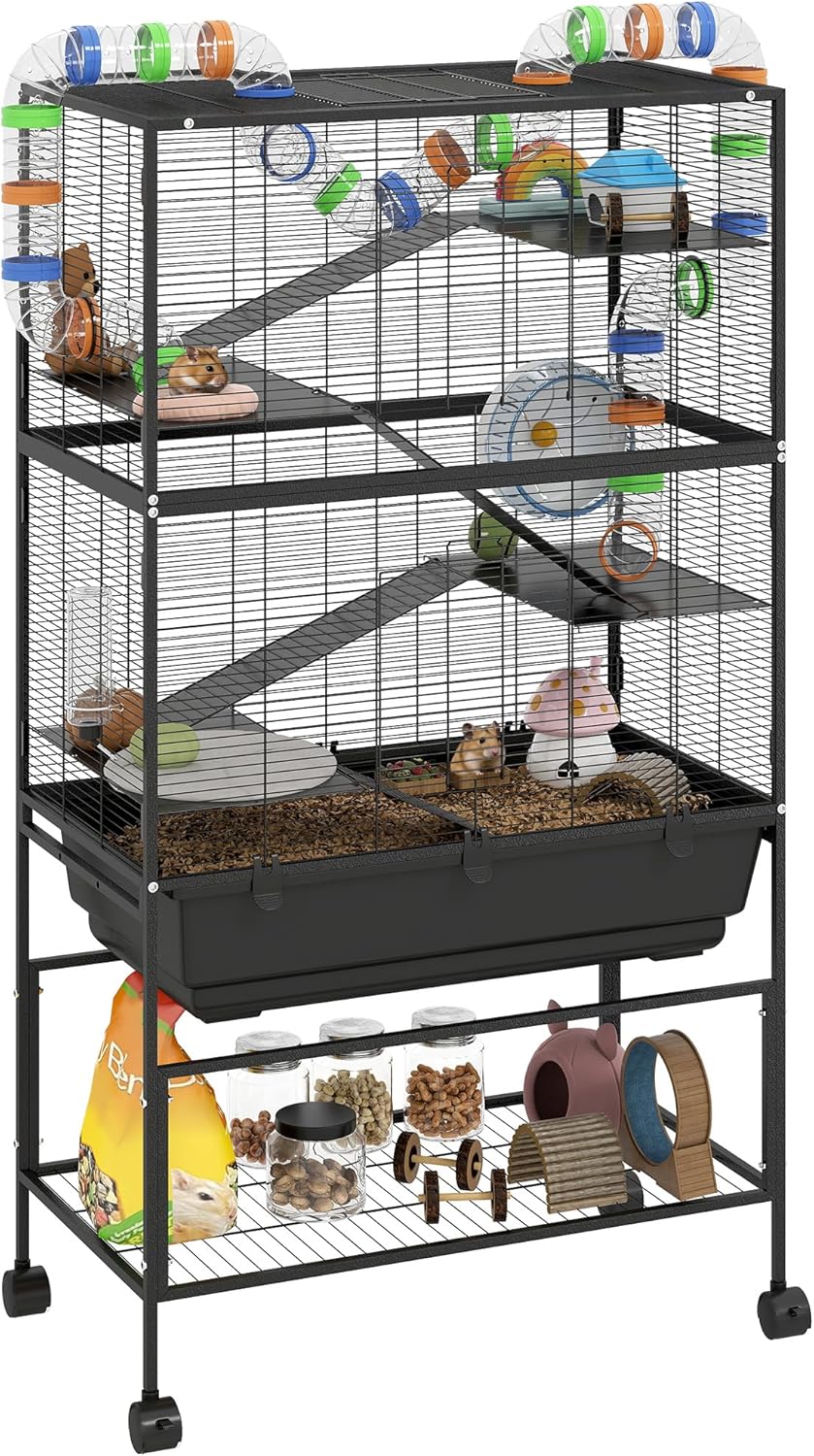 PawHut Hamster Cage with Deep Tray, 5 Tier Rolling Rat Cage with Storage Shelf, Big Exercise Wheel