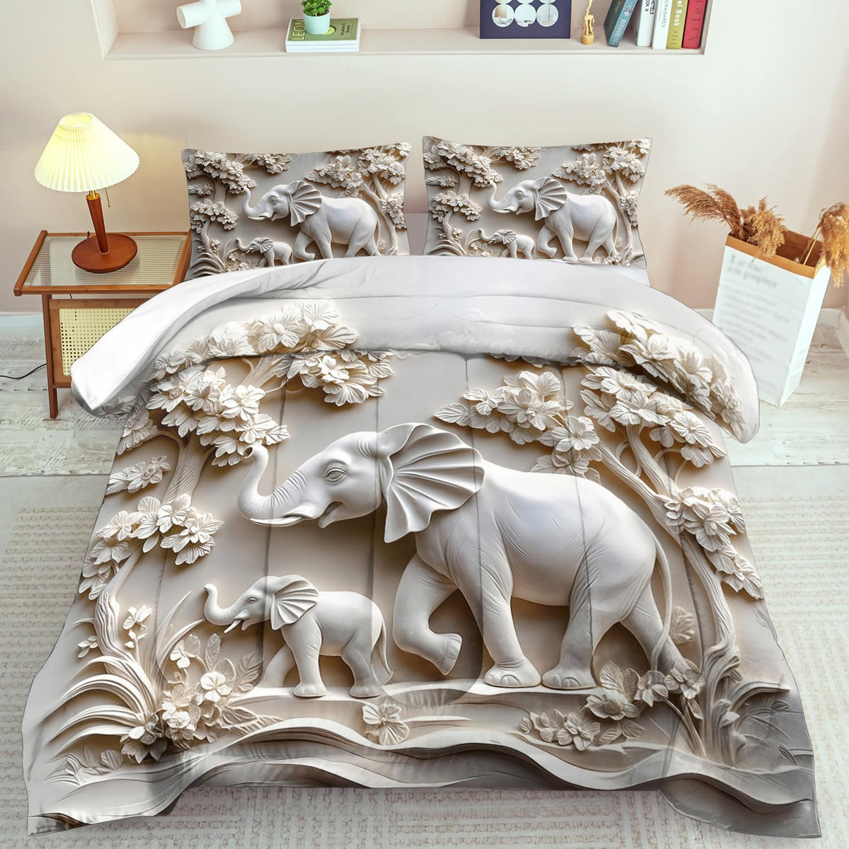 Elephant Comforter Set Queen Adult, White Animal Bedding Set Queen for Man, Cute Animal Comforter