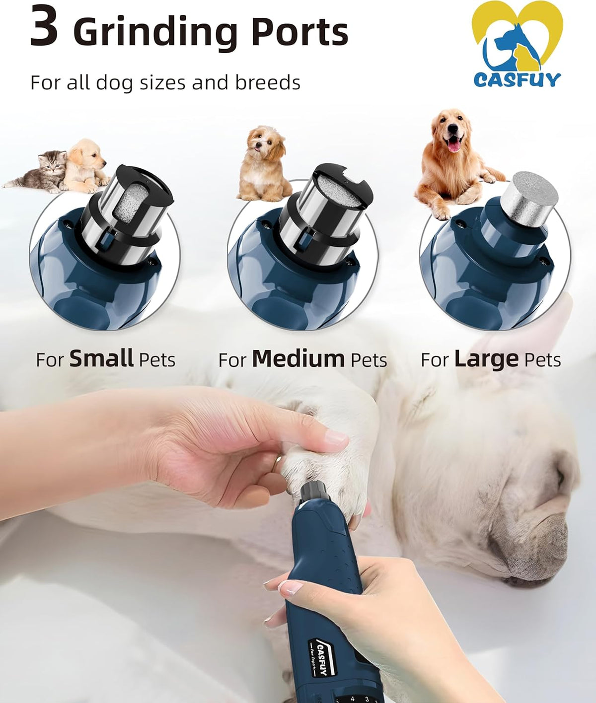 Casfuy Dog Nail Grinder Quiet - (45db) 6-Speed Pet Nail Grinder with 2 LED Lights for Large Medium