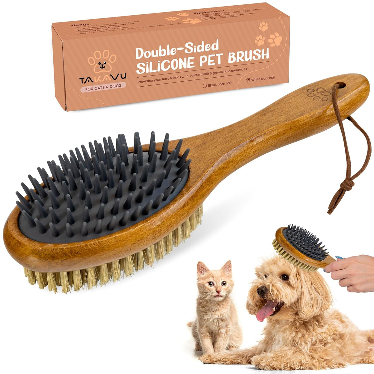 TAKAVU Short Hair Dog & Cat Deshedding Brush - Double Sided Grooming Tool with Silicone Massage &