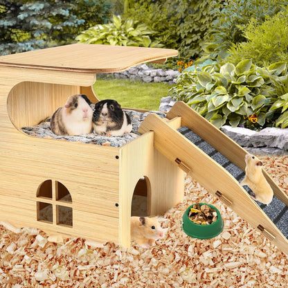 Wooden Guinea Pig Castle Hideout,Enlarged Guinea Pig Castle,Wooden Hamster House with Stairs &