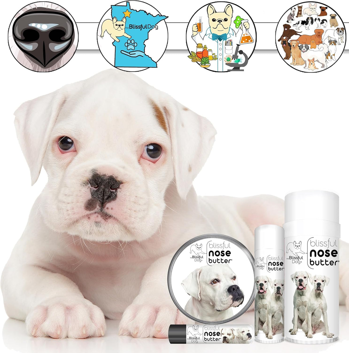 The Blissful Dog White Boxer Nose Butter for Dry, Cracked Skin, Lick-Safe Dog Nose Balm with
