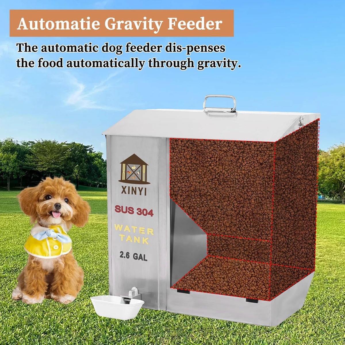 XINYI Automatic Dog Feeder and Waterer 2-in-1,SU304 Stainless Steels 2.6 Gallon Water Tank with 1