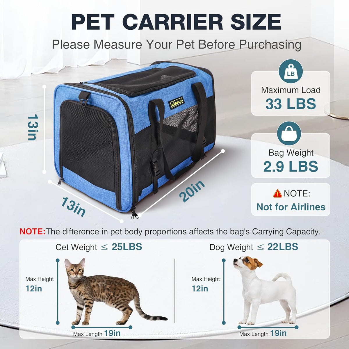 Dog Carriers for Small Dogs, Large Cat & Bunny, Foldable Soft-Sided Pet Travel Bag, up to 25lbs