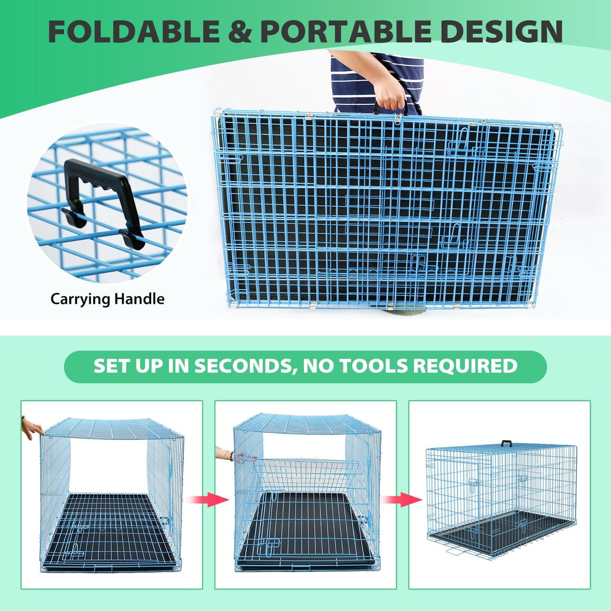 BestPet | Dog Crate | 24" | Blue | Foldable Metal Kennel with Double Doors, Secure Slide-Bolt