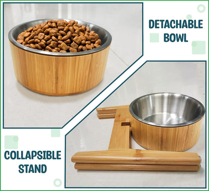 Dog Bowls Elevated, 12-inch High, 5-Cup Cap - Set of Bamboo Holder, Stainless Inner Dish and Stand