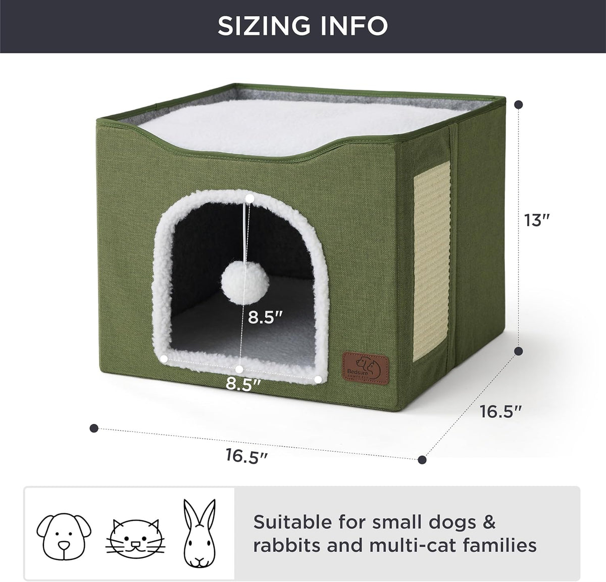 Bedsure Cat Beds for Indoor Cats - Large Cat Cave for Pet Cat House with Fluffy Ball Hanging and