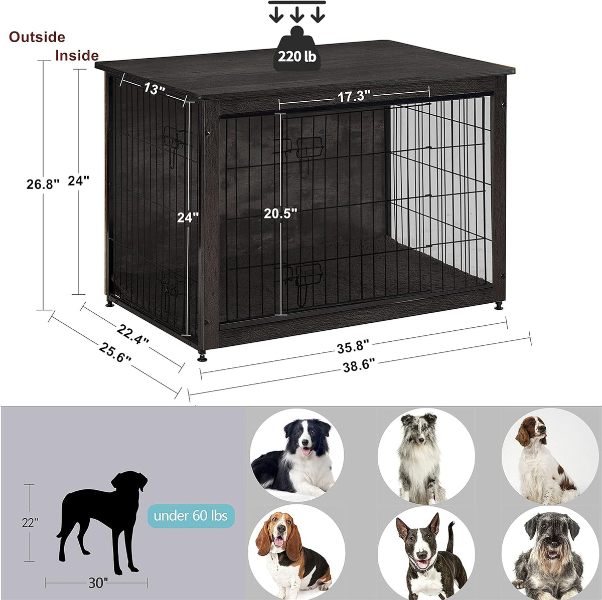 DWANTON Dog Crate Furniture with Cushion, Wooden Kennel Table with Double Doors, Indoor Dog House
