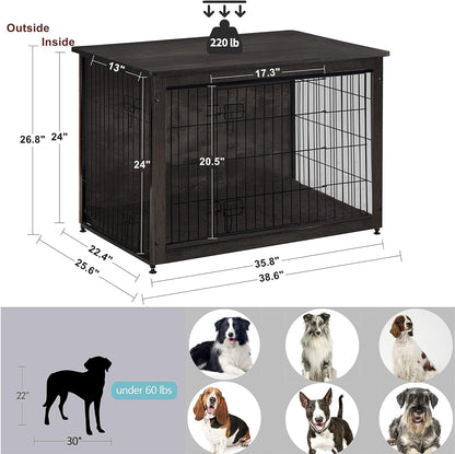 DWANTON Dog Crate Furniture with Cushion, Wooden Kennel Table with Double Doors, Indoor Dog House