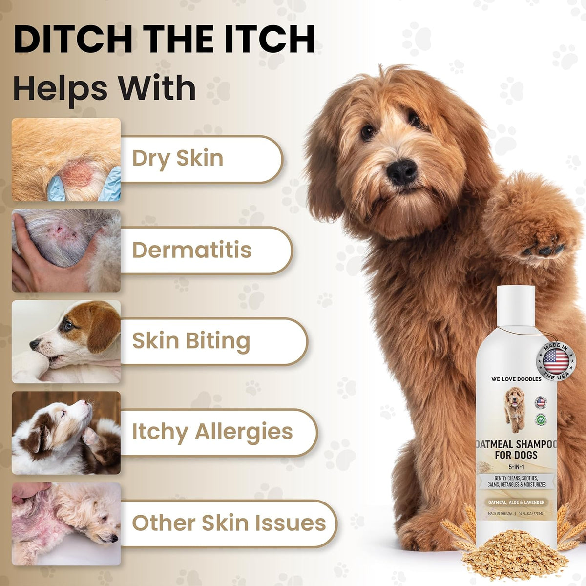 5-in-1 Premium Oatmeal Shampoo for Dogs, Gentle for Itchy & Sensitive Skin, Provides Itch Relief