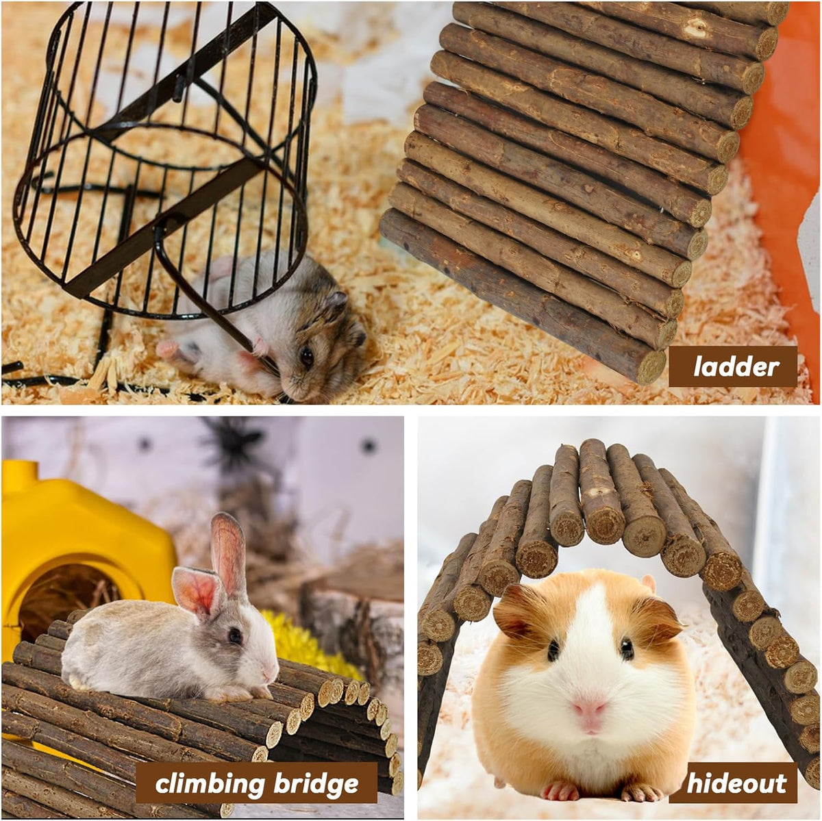 kathson Wooden Hamster Bridge,Guinea Pig Wood Ladder Bendable Tunnel Hideout Hut Small Animal