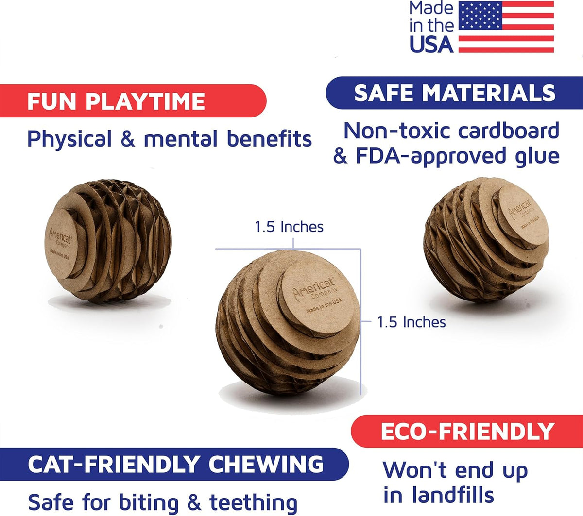 Cat Ball Toys by Americat – Made in USA – Safe Cardboard Cat Toys – for Interactive and Independent