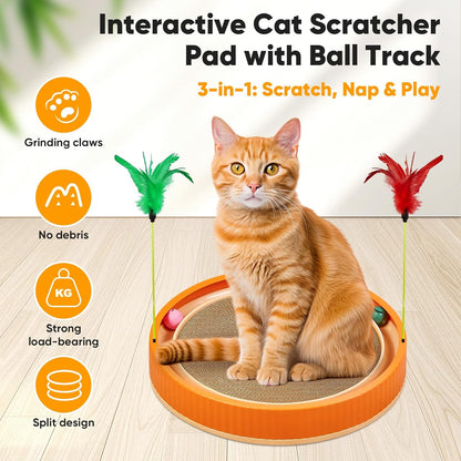 20-Inch Round Cat Scratcher with Ball Track – 3-in-1 Cardboard Cat Scratching Pad with Feather