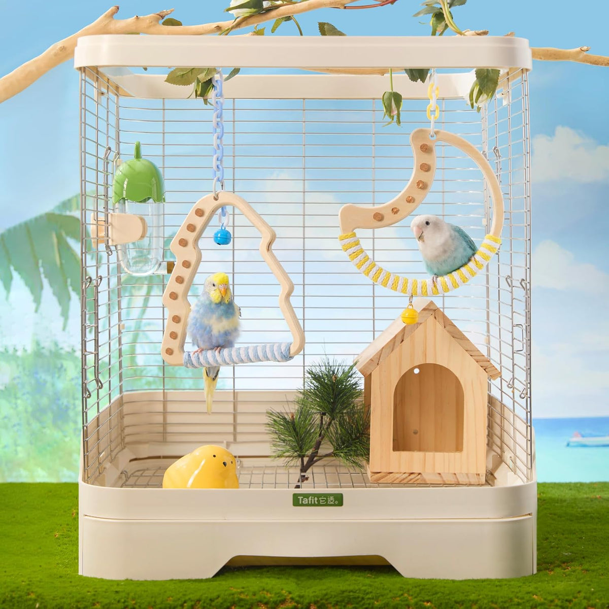 Natural Bird Swing - Moon-Shaped Parrot Perch with Bell and Cork Toys, Spinning Wooden Stand for