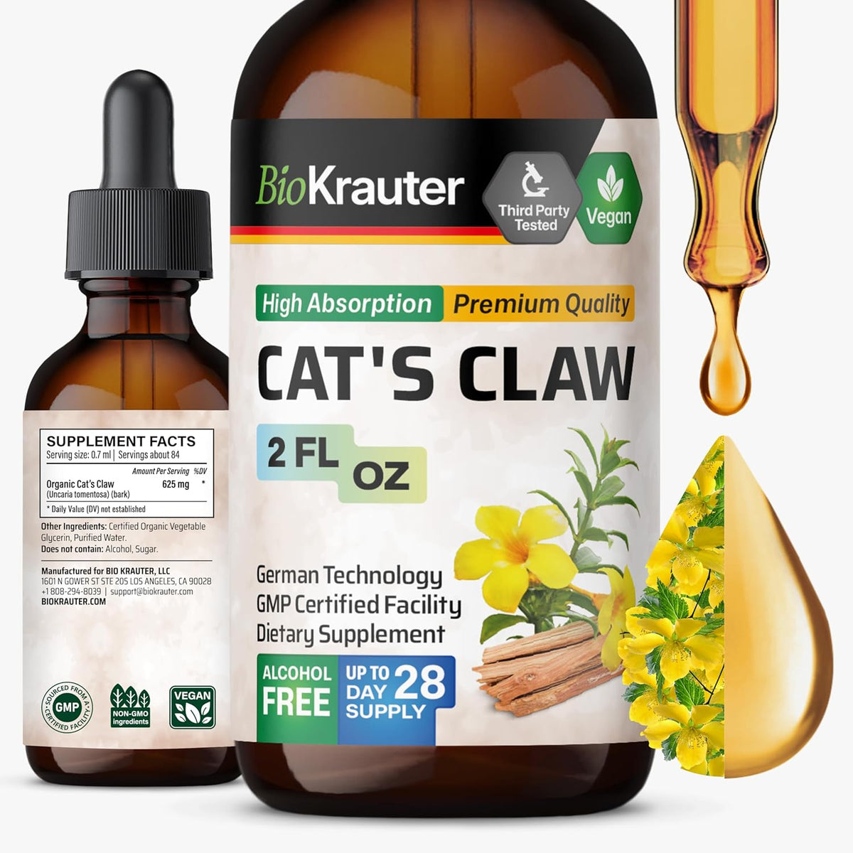 BIO KRAUTER Cats Claw Tincture - Vegan Cat's Claw Supplement - Immune Support - Alcohol & Sugar