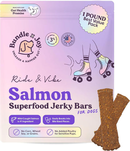 Bundle x Joy Ride & Vibe Dog Treats Salmon Jerky Snack Bars, 16 oz Bag, Puppy Training Treats