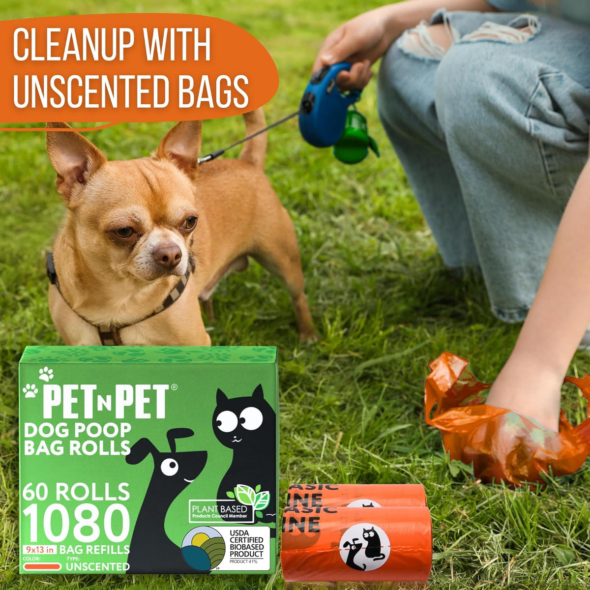 Pet N Pet 1080 Counts Orange Poop Bags for Dogs, 41% Plant Based & 59% PE Extra Thick Dog Poop Bags