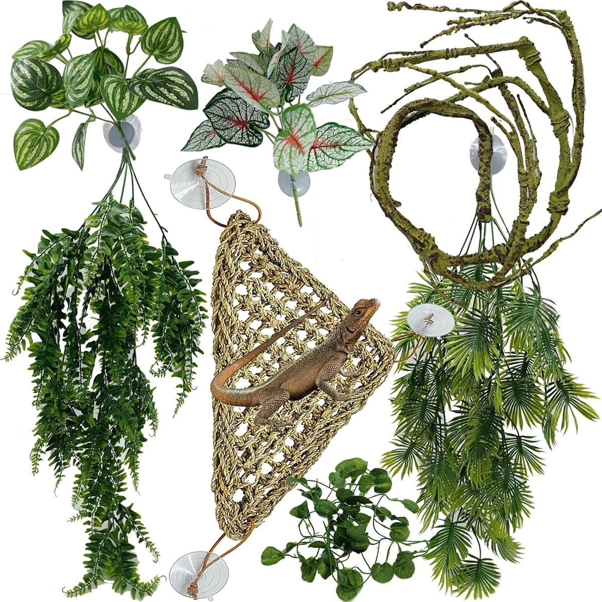 Reptile Plants for Bearded Dragon Tank Accessories, Terrarium Plant Artificial Decor for Snake