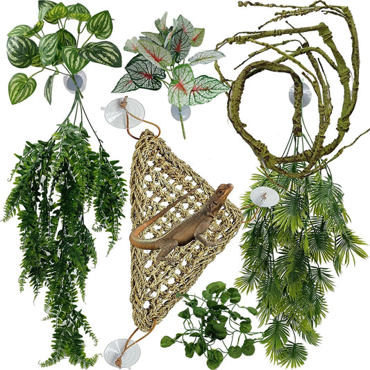 Reptile Plants for Bearded Dragon Tank Accessories, Terrarium Plant Artificial Decor for Snake