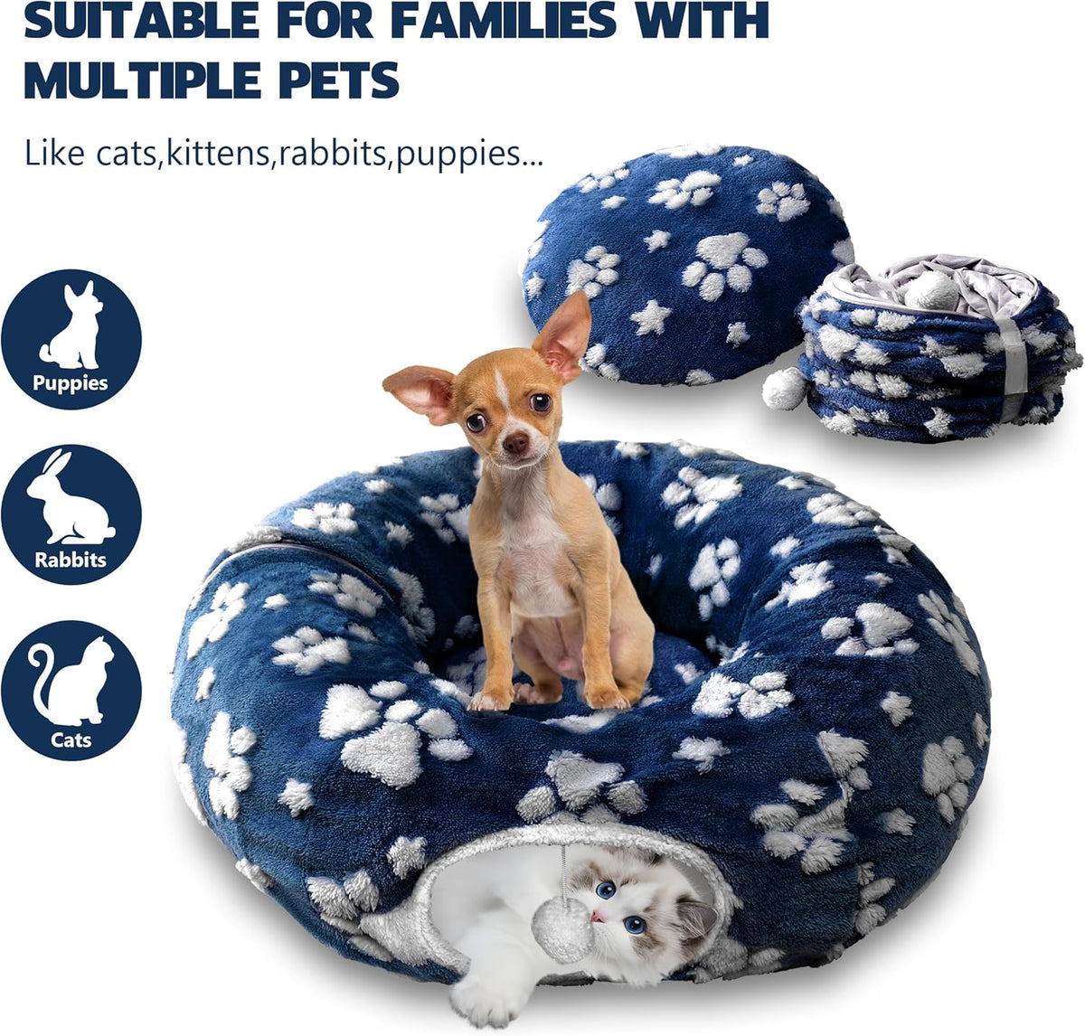 Cat Tunnel for Indoor Cats, Cute Peekaboo Cat Cave with Dangling Balls, Pet Donut Tunnel Bed with