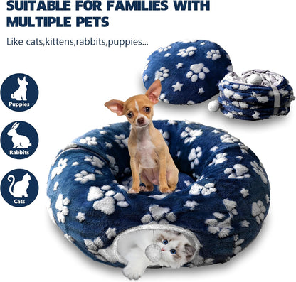 Cat Tunnel for Indoor Cats, Cute Peekaboo Cat Cave with Dangling Balls, Pet Donut Tunnel Bed with