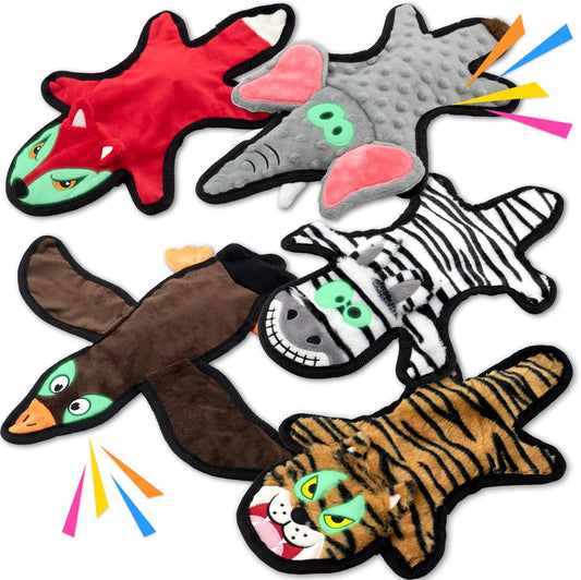 No Stuffing Dog Squeaky Toys, Glowing Eyes Crinkle Plush Puppy Toys for Teething Chewing, 5pcs Flat