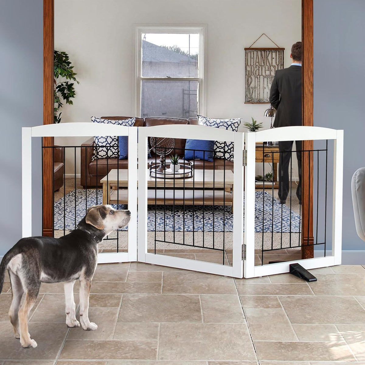 ZJSF Freestanding Dog Fence Indoor, Foldable Dog Gate for Doorways, Stairs or Hallways, Sturdy Wood