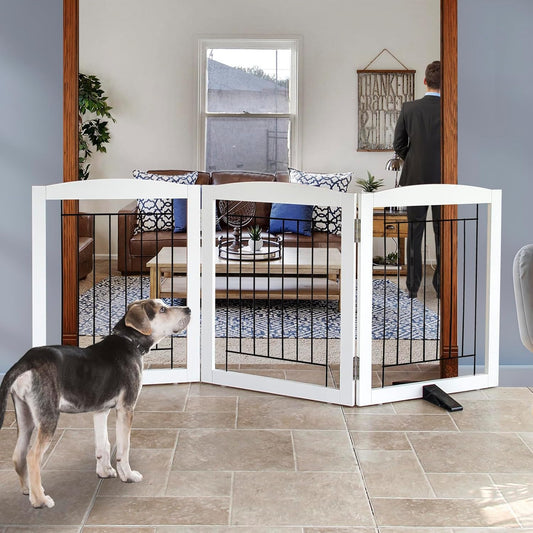 ZJSF Freestanding Dog Fence Indoor, Foldable Dog Gate for Doorways, Stairs or Hallways, Sturdy Wood