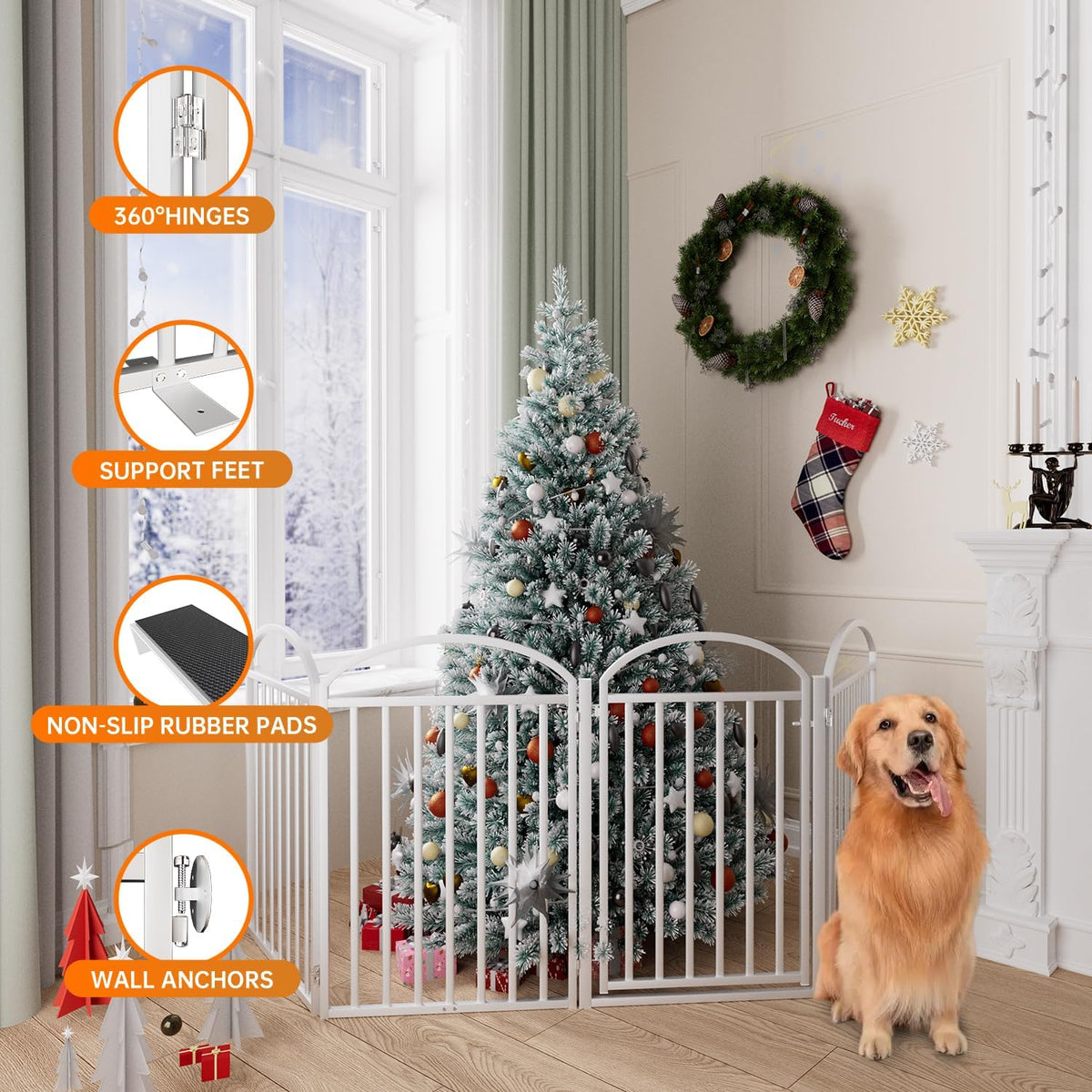 4 Panles Full Matel Freestanding Dog Gates with Door, 96"Extra Wide 32"Tall Free Standing Dog Pet