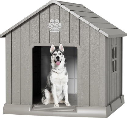 Large Dog House Outdoor Indoor for Medium Large Dogs, Durable Plastic Waterproof Doghouse with Air
