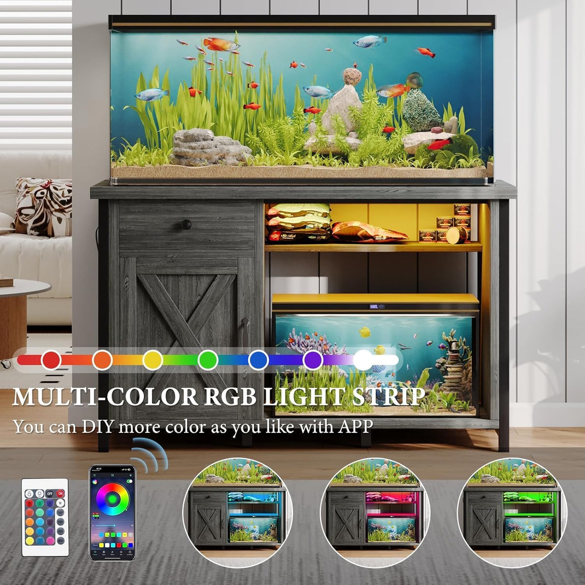 4ever2buy 55 Gallon Fish Tank Stand with LED Light & Power Outlets, 55-75 Gallon Aquarium Stand