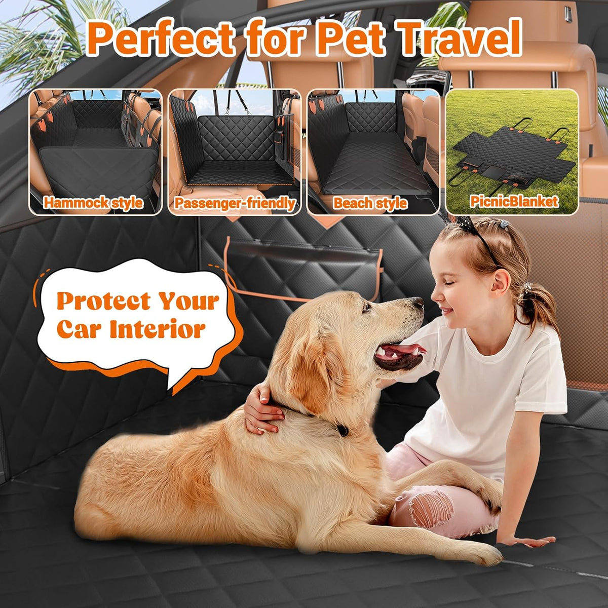 Hard Bottom Car Seat Cover for Dogs,Waterproof Dog Seat Cover for Back Seat Extender,Scratch-Proof