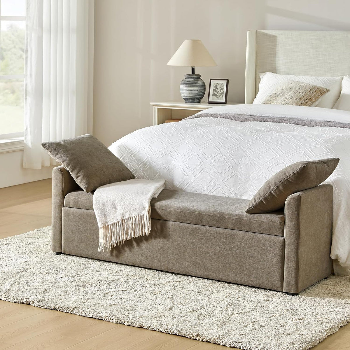 HULALA HOME Modern Storage Bench with Throw Pillows, 59.4" Extra Long Bedroom Ottoman Bench for End