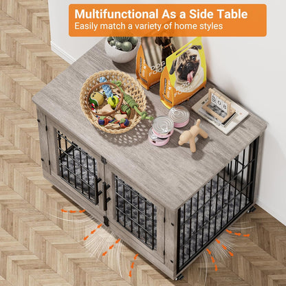 Lulive Dog Crate Furniture for Medium Dogs, 32'' Dog Kennel Indoor with Cushion & Wheels Wooden Dog