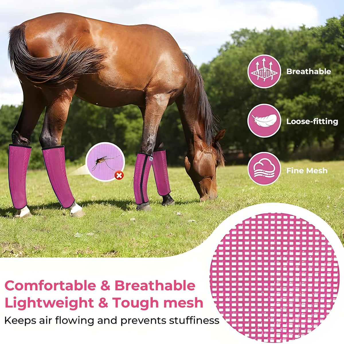 Mesh Horse Fly Boots Set of 4，Adjustable and Universal Loose Fitting & Non-Slip Horse Fly Leggings