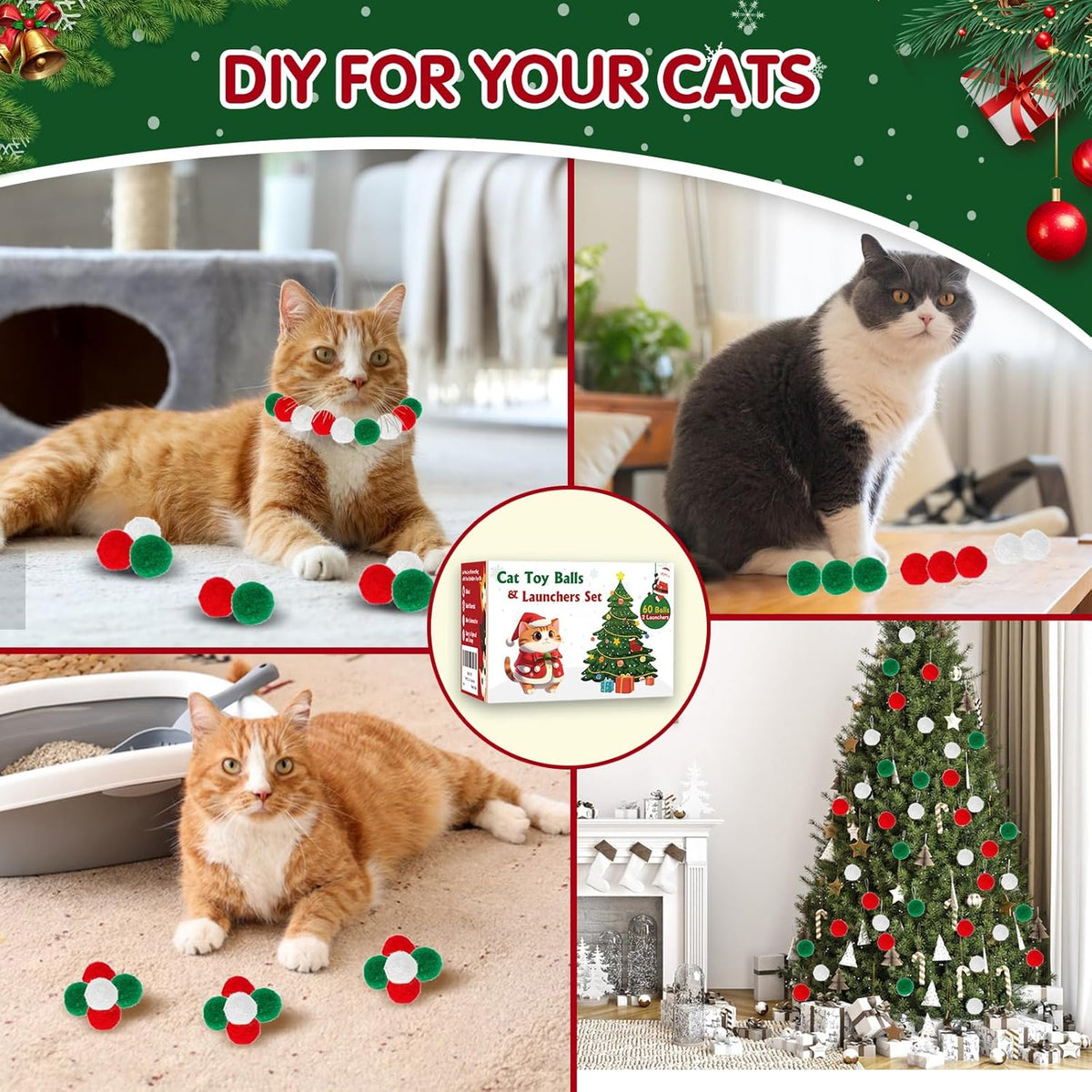 Cat Toy Set (2+60) - Pom Pom Balls & Launchers, Interactive Enrichment Toys