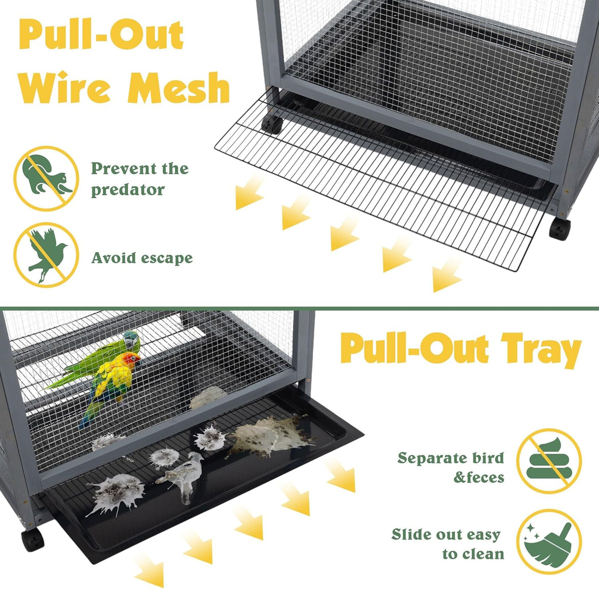 Coziwow 68" H Large Wood Bird Cage on Wheels, Outdoor Bird Aviary Indoor Wooden Large Bird Cage
