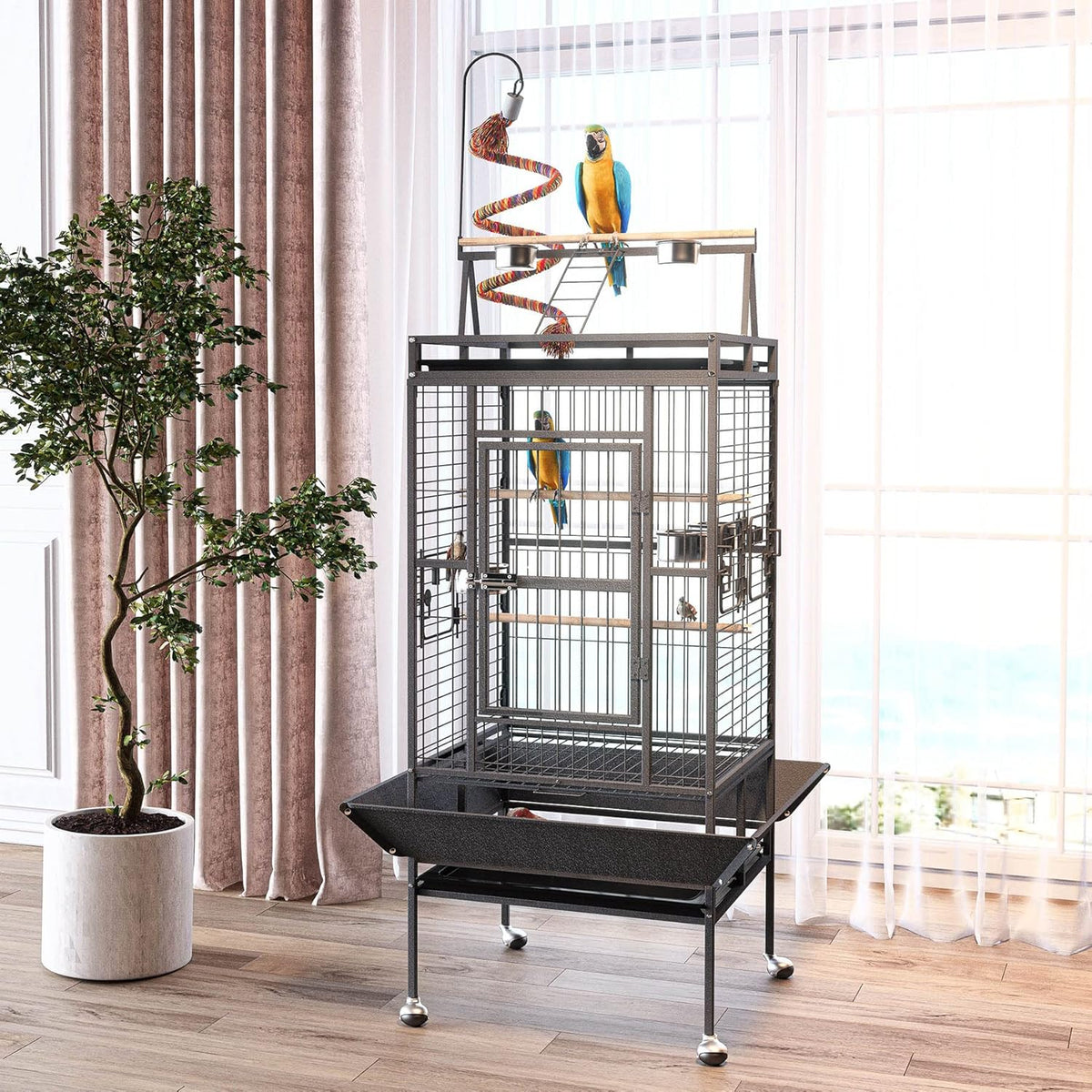 82 Inch Bird Cage, BOINN Bird Flight Cages with Rolling Stand & Bottom Tray, Wrought Iron Parrot