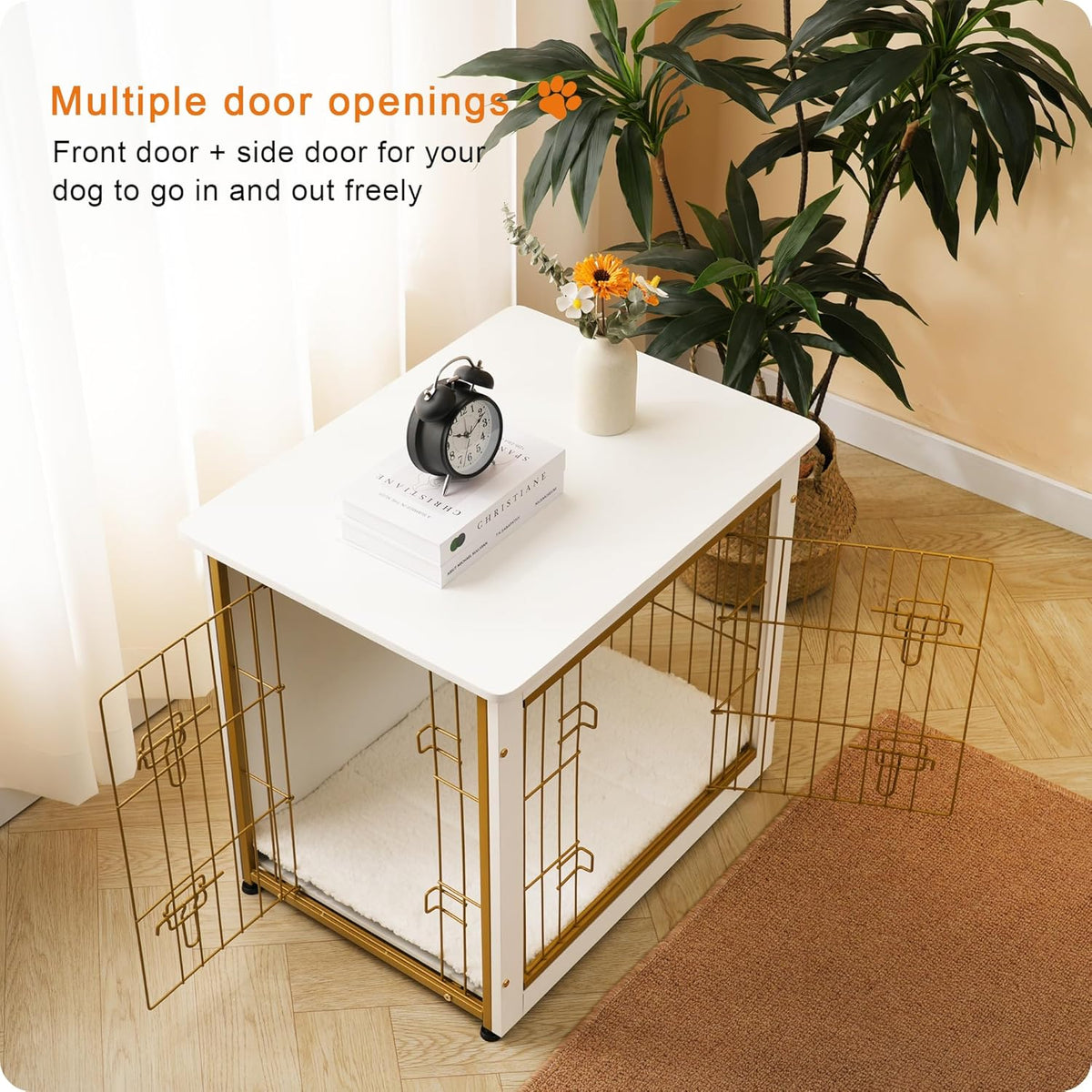DWANTON Dog Crate Furniture with Cushion, Wooden Kennel Table with Double Doors, Indoor Dog House